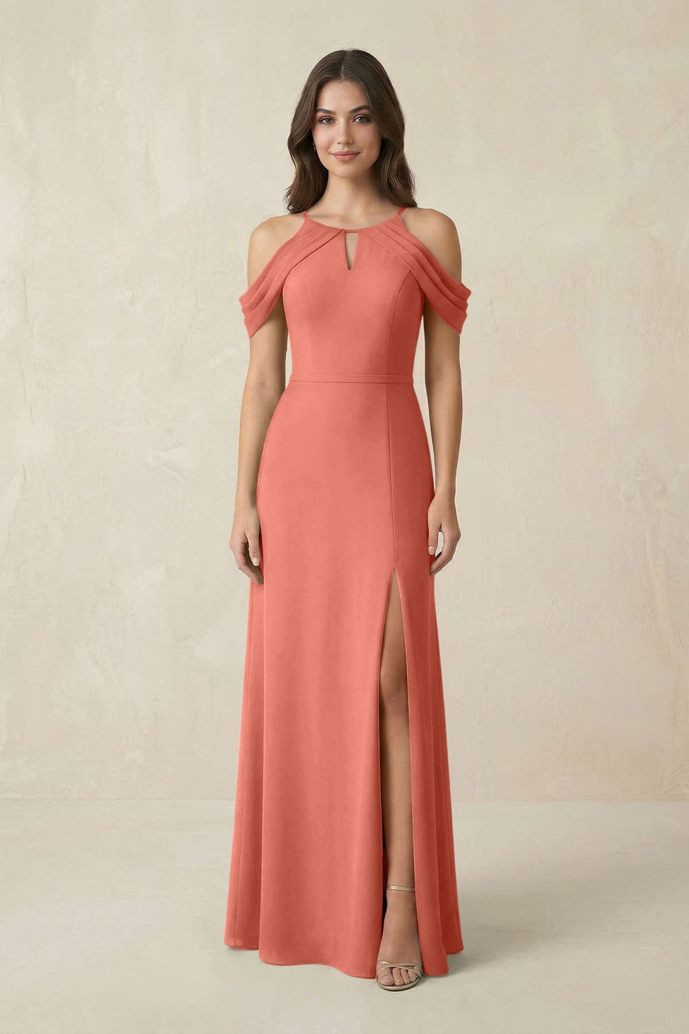 Off - the - Shoulder Chiffon Sheath Bridesmaid Dress With Slit in Wild Rose - KISS BRIDAL Bridesmaid Dresses