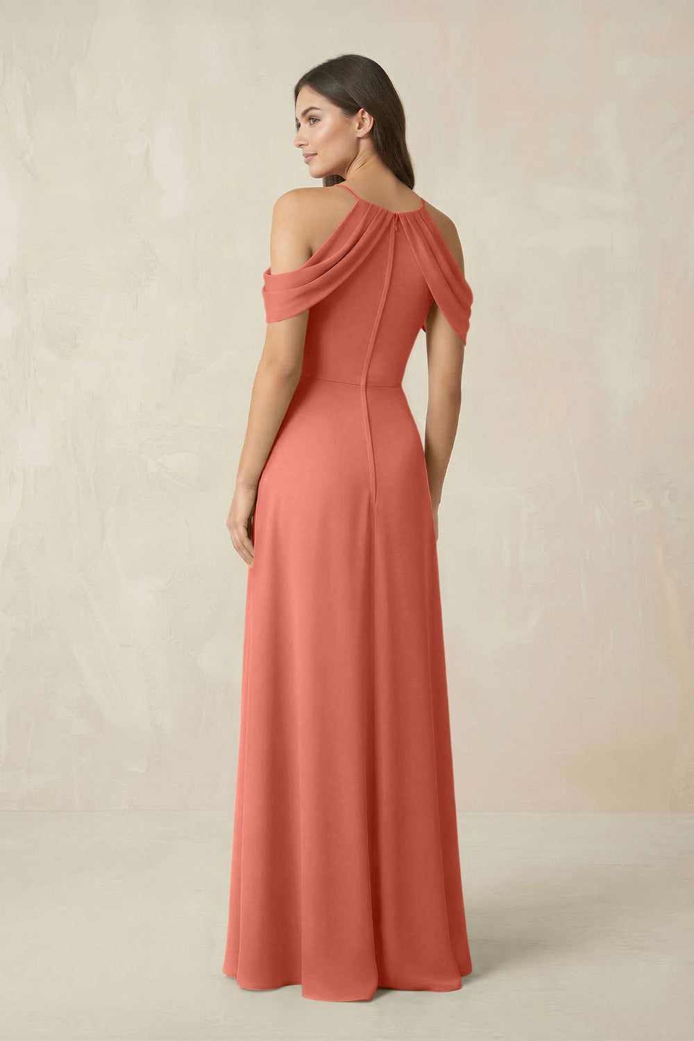 Off - the - Shoulder Chiffon Sheath Bridesmaid Dress With Slit in Wild Rose - KISS BRIDAL Bridesmaid Dresses