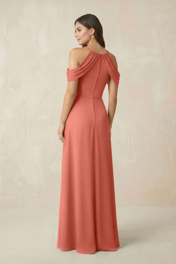Off - the - Shoulder Chiffon Sheath Bridesmaid Dress With Slit in Wild Rose - SHE IS ME Bridesmaid Dresses