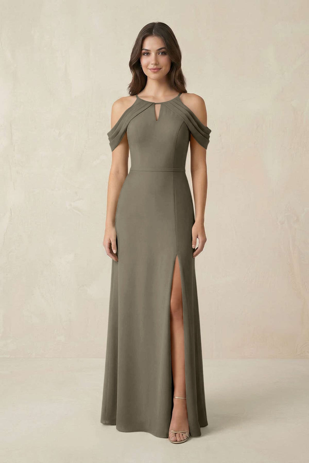 Off - the - Shoulder Chiffon Sheath Bridesmaid Dress With Slit in Willow Green - KISS BRIDAL Bridesmaid Dresses