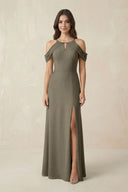 Off - the - Shoulder Chiffon Sheath Bridesmaid Dress With Slit in Willow Green - SHE IS ME Bridesmaid Dresses