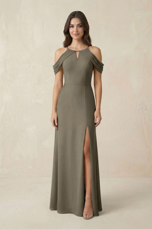 Off - the - Shoulder Chiffon Sheath Bridesmaid Dress With Slit in Willow Green - SHE IS ME Bridesmaid Dresses