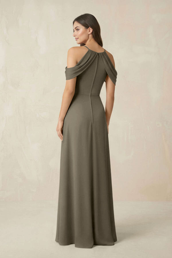 Off - the - Shoulder Chiffon Sheath Bridesmaid Dress With Slit in Willow Green - SHE IS ME Bridesmaid Dresses