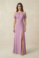 Off - the - Shoulder Chiffon Sheath Bridesmaid Dress With Slit in Wisteria - SHE IS ME Bridesmaid Dresses