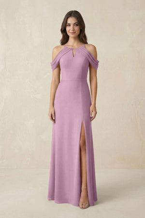 Off - the - Shoulder Chiffon Sheath Bridesmaid Dress With Slit in Wisteria - SHE IS ME Bridesmaid Dresses