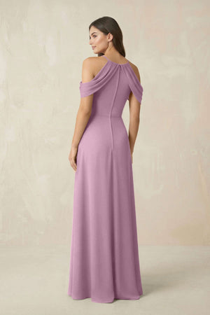 Off - the - Shoulder Chiffon Sheath Bridesmaid Dress With Slit in Wisteria - SHE IS ME Bridesmaid Dresses