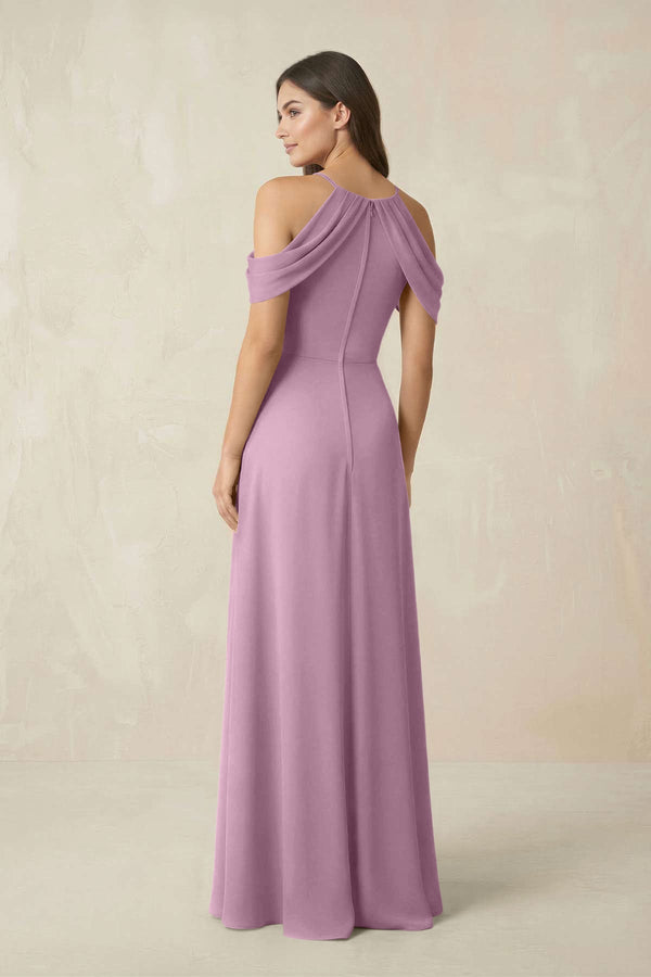 Off - the - Shoulder Chiffon Sheath Bridesmaid Dress With Slit in Wisteria - SHE IS ME Bridesmaid Dresses