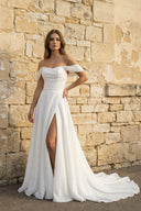 Off The Shoulder Chiffon Wedding Dress With Slit in White - SHE IS ME Wedding Dresses