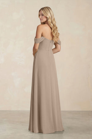 Off-the-Shoulder Corset Sheath Chiffon Bridesmaid Dress in Almond (2) | KISSBRIDAL