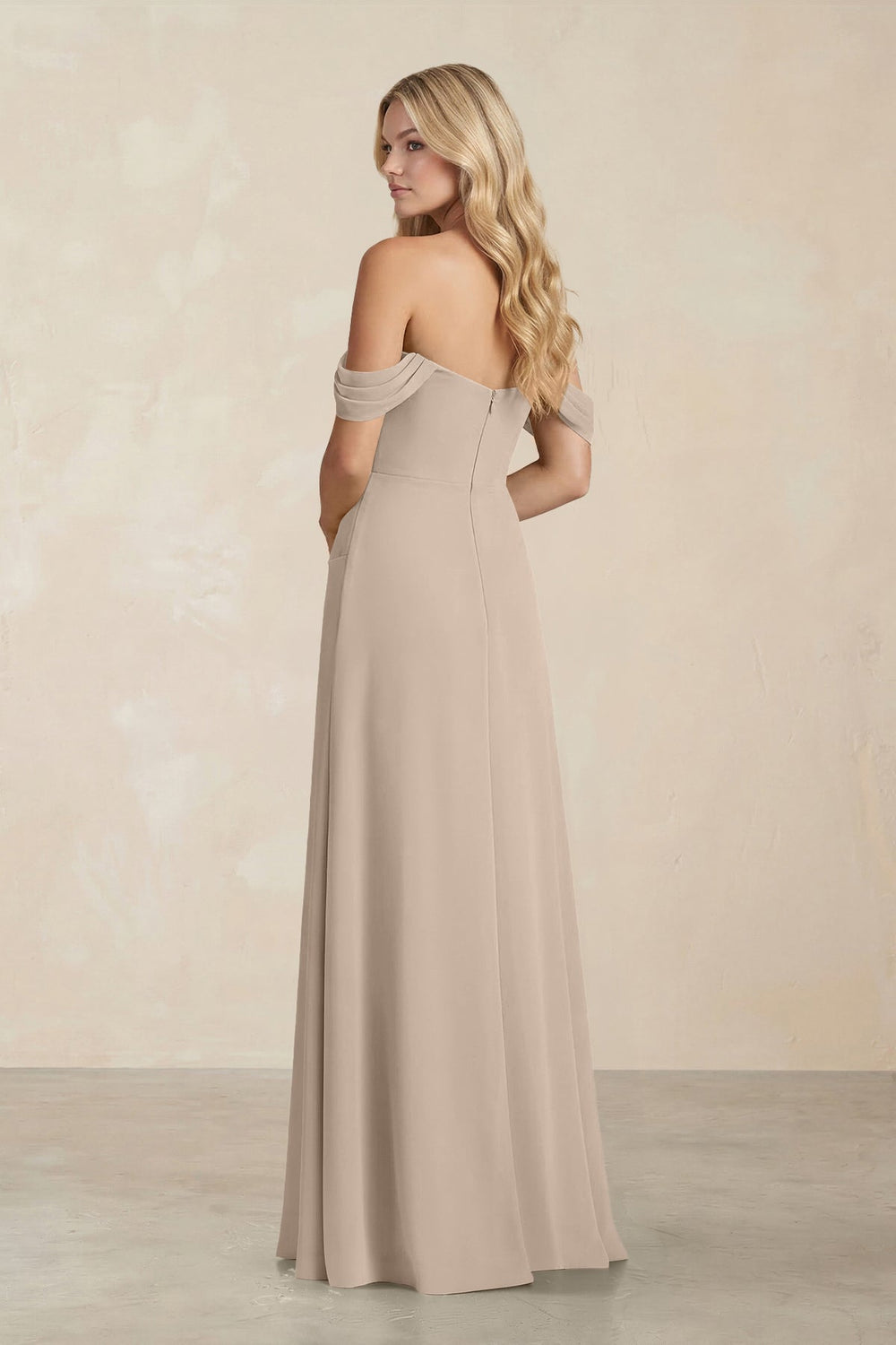 Off - the - Shoulder Corset Sheath Chiffon Bridesmaid Dress in Almond - KISS BRIDAL Bridesmaid Dresses