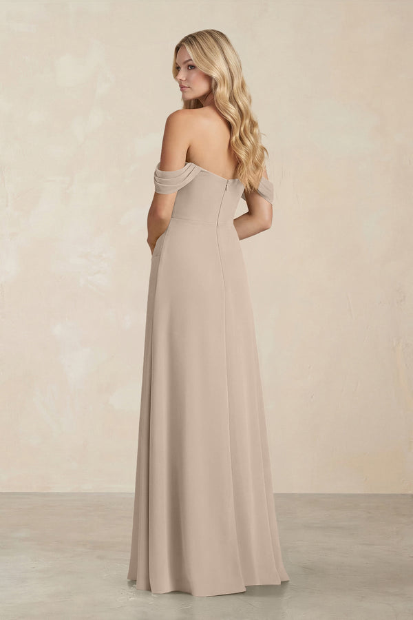 Off - the - Shoulder Corset Sheath Chiffon Bridesmaid Dress in Almond - SHE IS ME Bridesmaid Dresses
