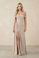 Off - the - Shoulder Corset Sheath Chiffon Bridesmaid Dress in Almond - SHE IS ME Bridesmaid Dresses