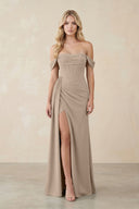 Off-the-Shoulder Corset Sheath Chiffon Bridesmaid Dress in Almond | KISSBRIDAL