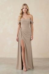 Off-the-Shoulder Corset Sheath Chiffon Bridesmaid Dress in Almond | KISSBRIDAL
