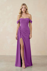 Off - the - Shoulder Corset Sheath Chiffon Bridesmaid Dress in Amethyst - KISS BRIDAL Bridesmaid Dresses