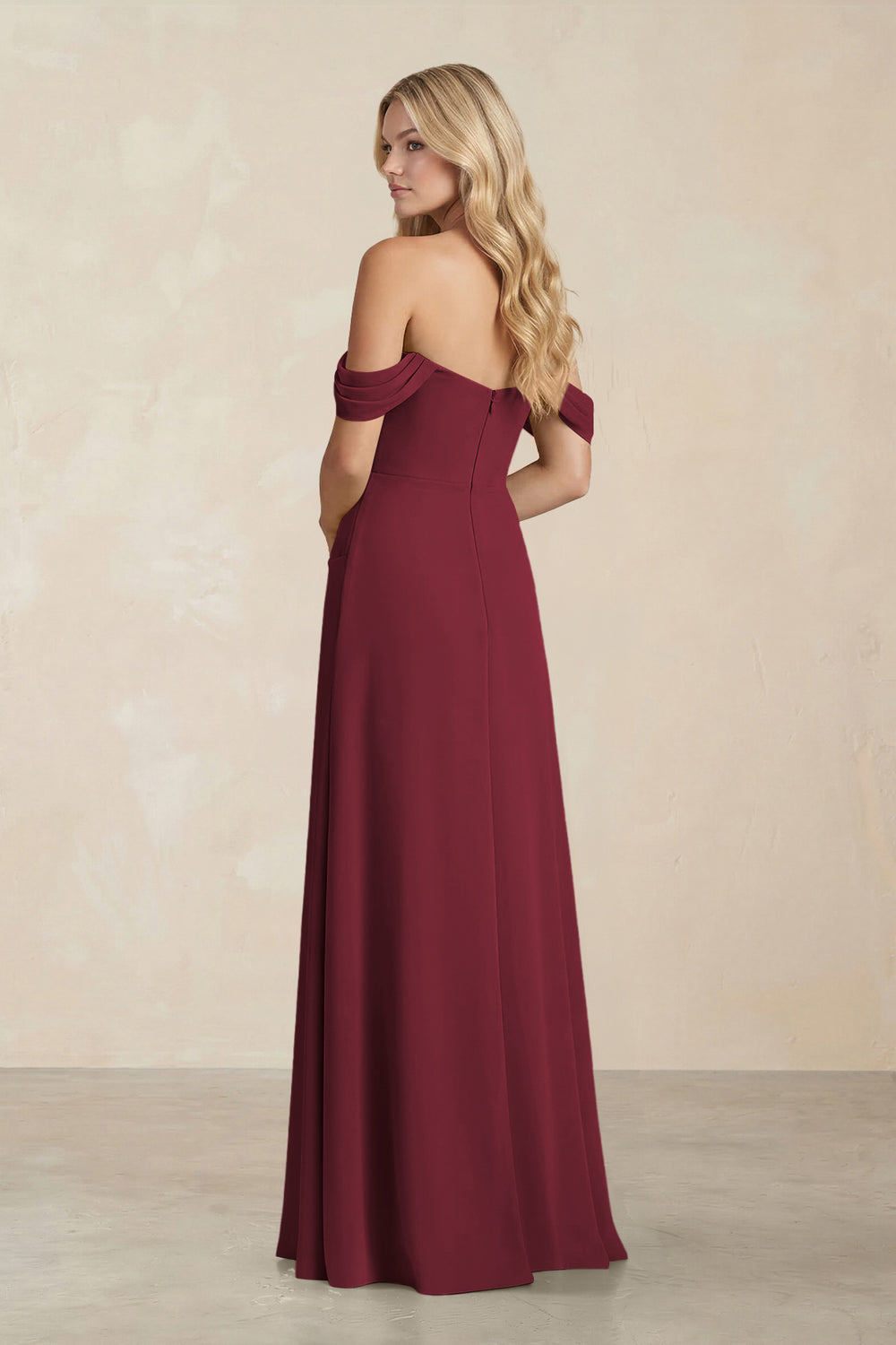 Off-the-Shoulder Corset Sheath Chiffon Bridesmaid Dress in Berry