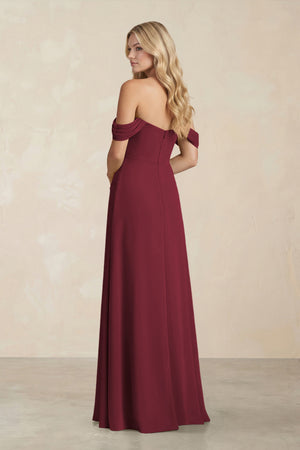 Off-the-Shoulder Corset Sheath Chiffon Bridesmaid Dress in Berry (2) | KISSBRIDAL