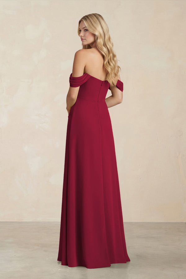 Off - the - Shoulder Corset Sheath Chiffon Bridesmaid Dress in Berry - SHE IS ME Bridesmaid Dresses