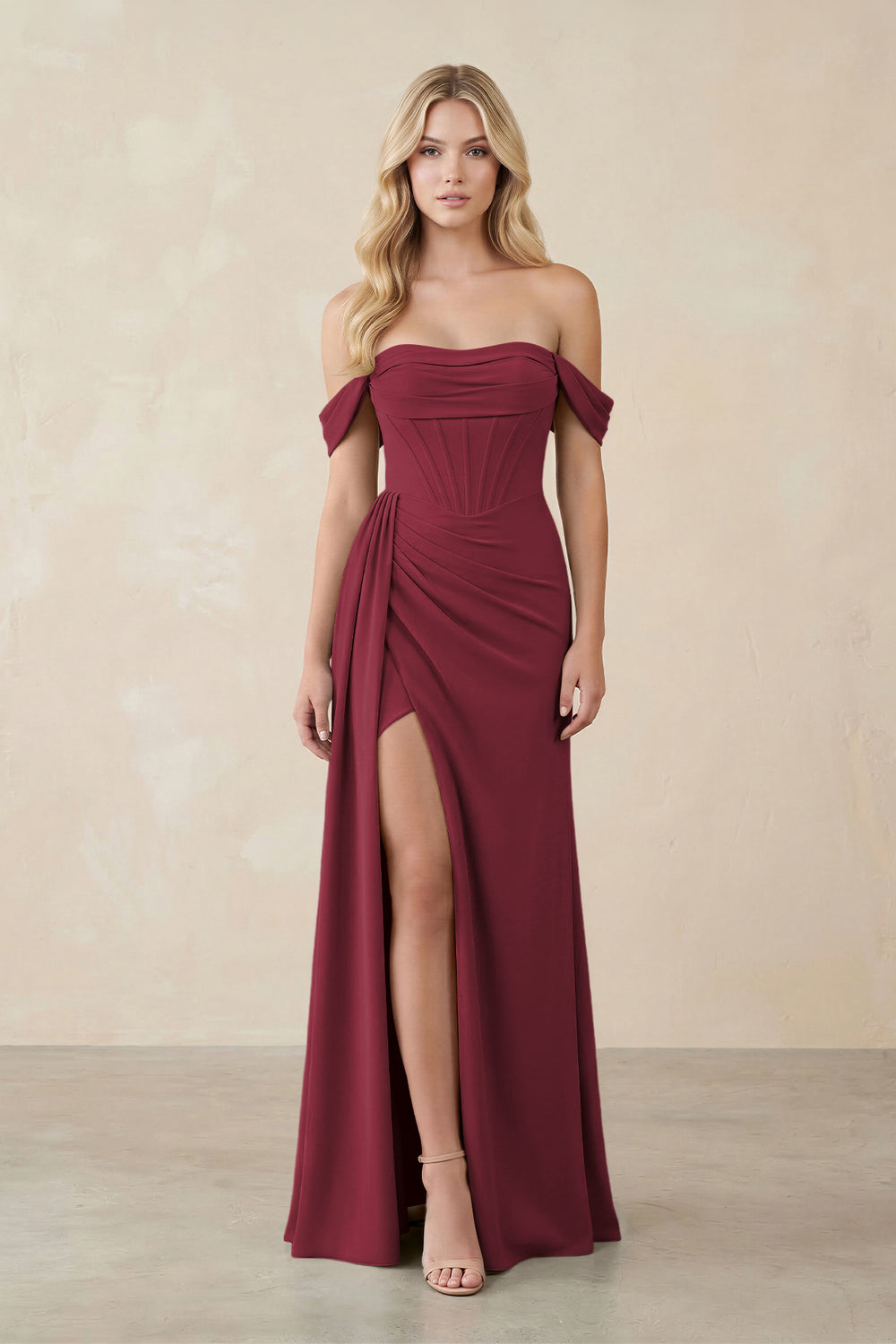 Off-the-Shoulder Corset Sheath Chiffon Bridesmaid Dress in Berry