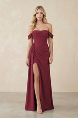 Off-the-Shoulder Corset Sheath Chiffon Bridesmaid Dress in Berry | KISSBRIDAL