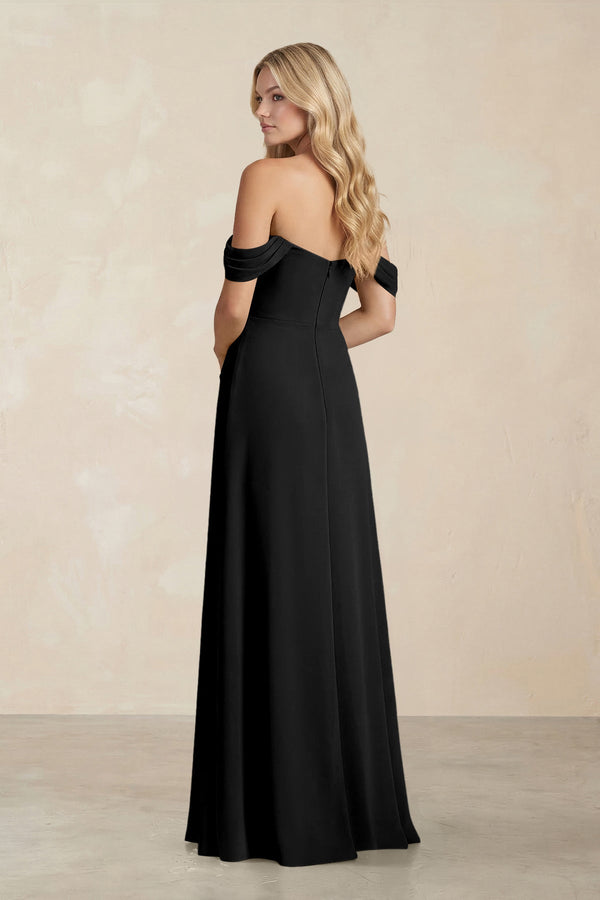Off - the - Shoulder Corset Sheath Chiffon Bridesmaid Dress in Black - SHE IS ME Bridesmaid Dresses