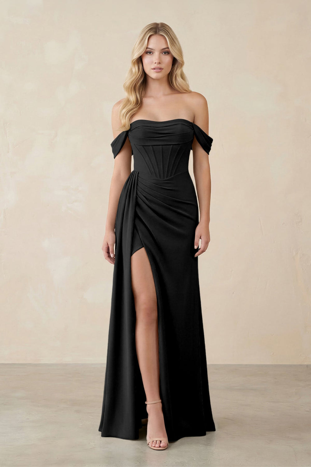 Off - the - Shoulder Corset Sheath Chiffon Bridesmaid Dress in Black - KISS BRIDAL Bridesmaid Dresses