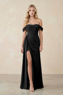 Off - the - Shoulder Corset Sheath Chiffon Bridesmaid Dress in Black - SHE IS ME Bridesmaid Dresses
