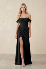 Off - the - Shoulder Corset Sheath Chiffon Bridesmaid Dress in Black - KISS BRIDAL Bridesmaid Dresses