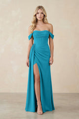 Off - the - Shoulder Corset Sheath Chiffon Bridesmaid Dress in Blue Jay - KISS BRIDAL Bridesmaid Dresses