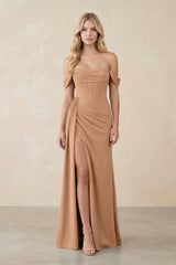 Off - the - Shoulder Corset Sheath Chiffon Bridesmaid Dress in Bronzer - KISS BRIDAL Bridesmaid Dresses