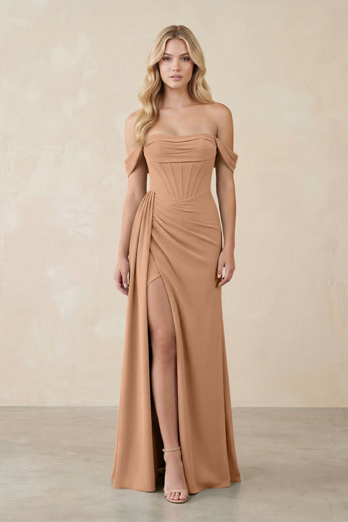 Off - the - Shoulder Corset Sheath Chiffon Bridesmaid Dress in Bronzer - SHE IS ME Bridesmaid Dresses