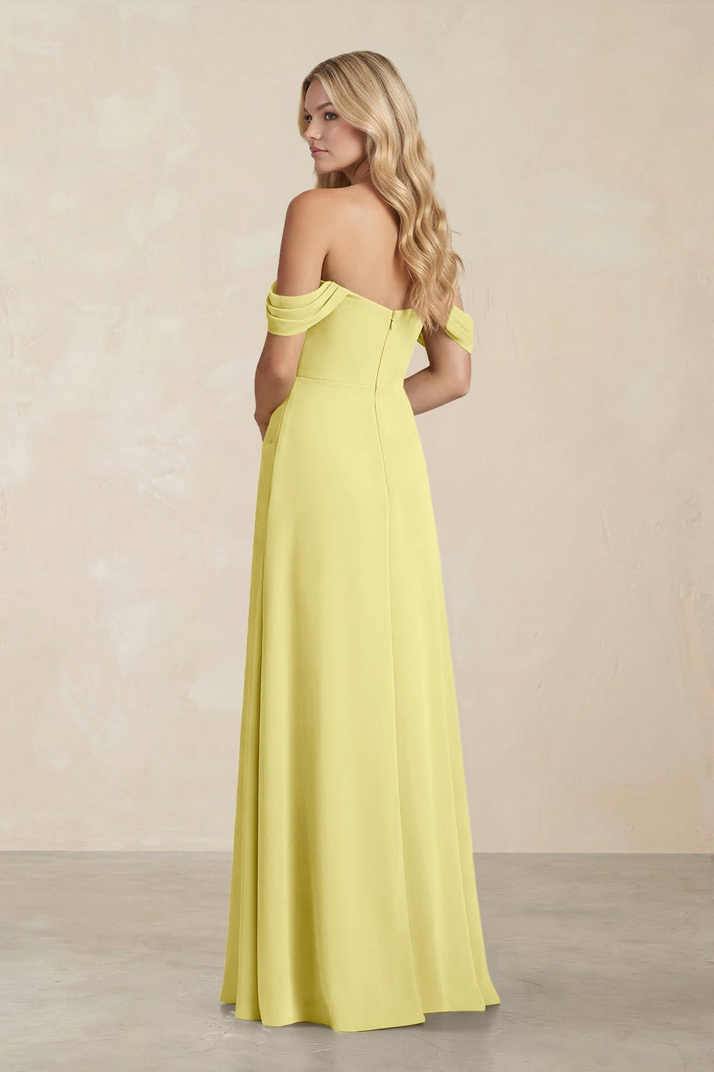 Off - the - Shoulder Corset Sheath Chiffon Bridesmaid Dress in Buttercup - KISS BRIDAL Bridesmaid Dresses