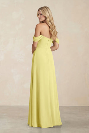 Off - the - Shoulder Corset Sheath Chiffon Bridesmaid Dress in Buttercup - SHE IS ME Bridesmaid Dresses