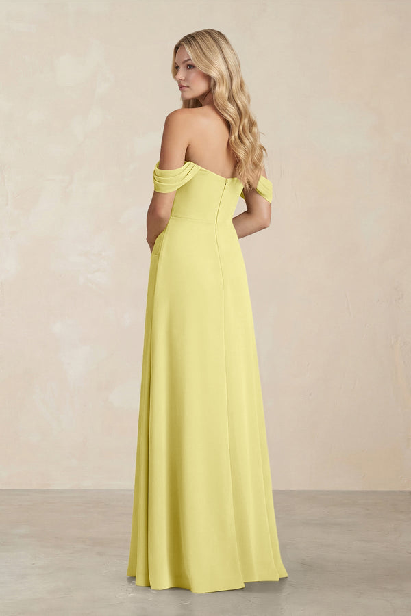 Off - the - Shoulder Corset Sheath Chiffon Bridesmaid Dress in Buttercup - SHE IS ME Bridesmaid Dresses
