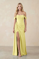 Off - the - Shoulder Corset Sheath Chiffon Bridesmaid Dress in Buttercup - SHE IS ME Bridesmaid Dresses