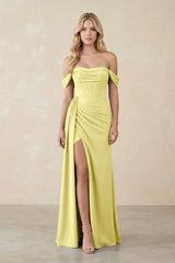 Off - the - Shoulder Corset Sheath Chiffon Bridesmaid Dress in Buttercup - KISS BRIDAL Bridesmaid Dresses