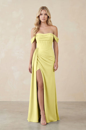 Off - the - Shoulder Corset Sheath Chiffon Bridesmaid Dress in Buttercup - SHE IS ME Bridesmaid Dresses