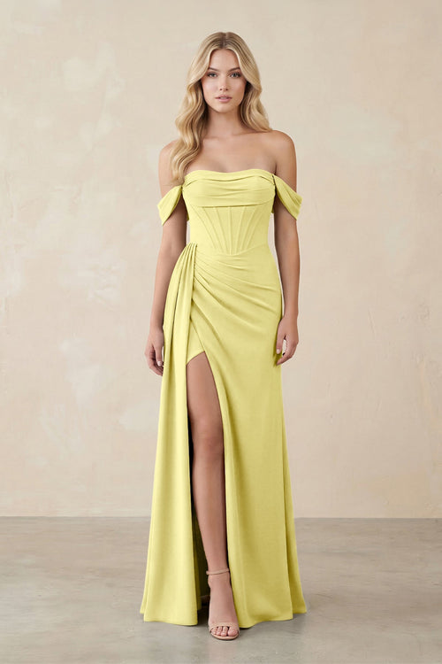 Off - the - Shoulder Corset Sheath Chiffon Bridesmaid Dress in Buttercup - SHE IS ME Bridesmaid Dresses