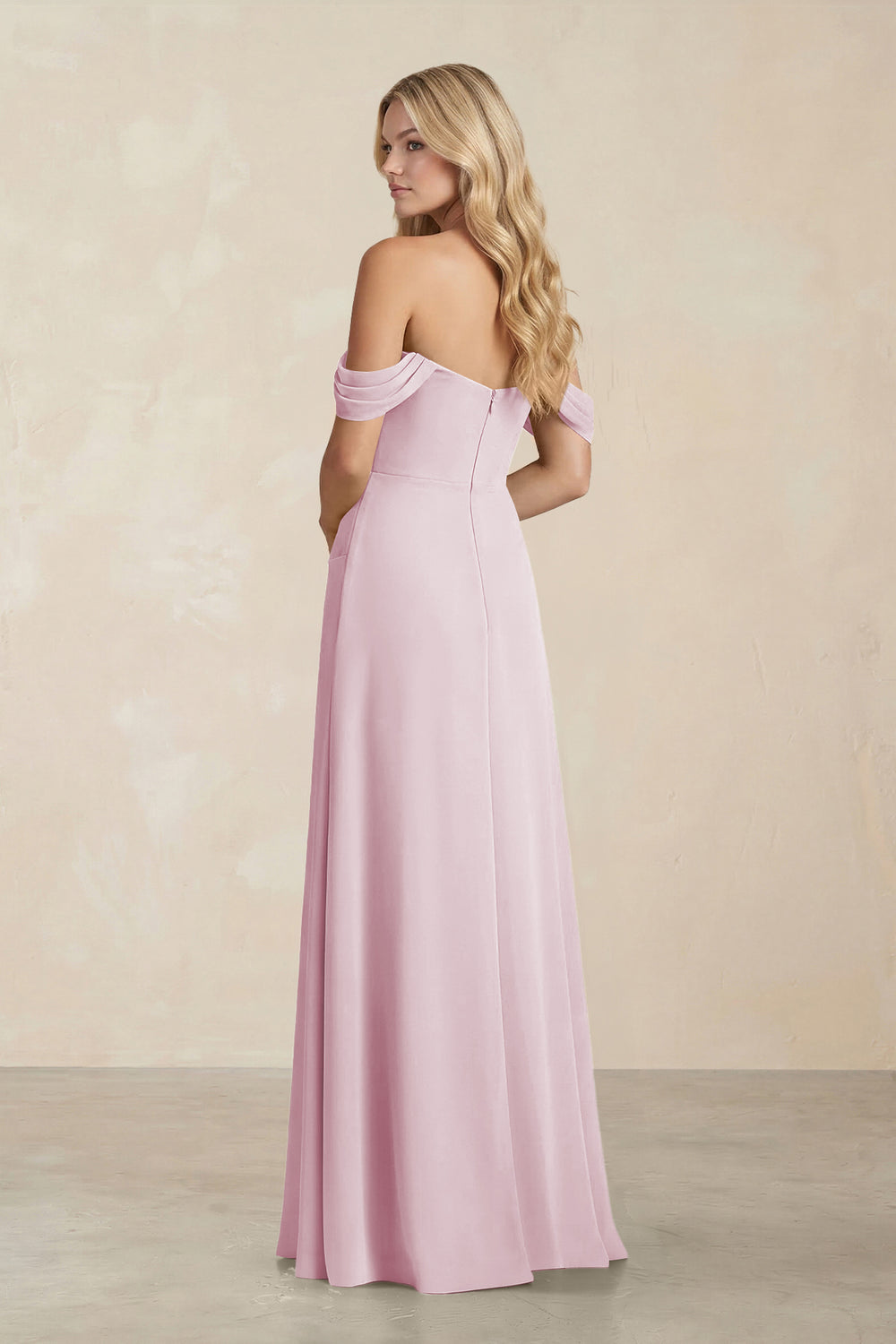 Off-the-Shoulder Corset Sheath Chiffon Bridesmaid Dress in Candy Pink