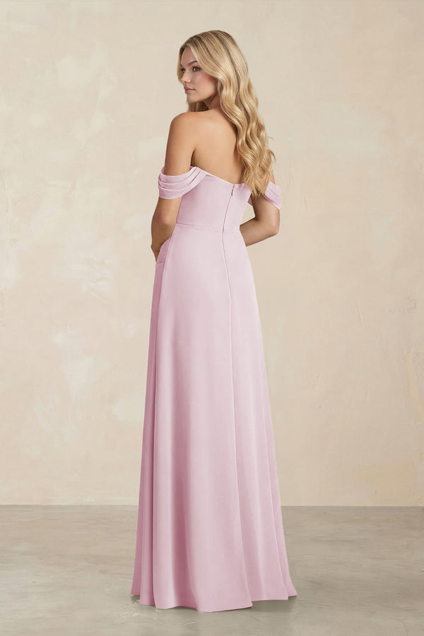 Off-the-Shoulder Corset Sheath Chiffon Bridesmaid Dress in Candy Pink (2) | KISSBRIDAL
