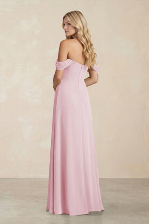 Off - the - Shoulder Corset Sheath Chiffon Bridesmaid Dress in Candy Pink - SHE IS ME Bridesmaid Dresses