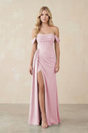 Off - the - Shoulder Corset Sheath Chiffon Bridesmaid Dress in Candy Pink - SHE IS ME Bridesmaid Dresses