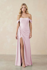 Off-the-Shoulder Corset Sheath Chiffon Bridesmaid Dress in Candy Pink | KISSBRIDAL