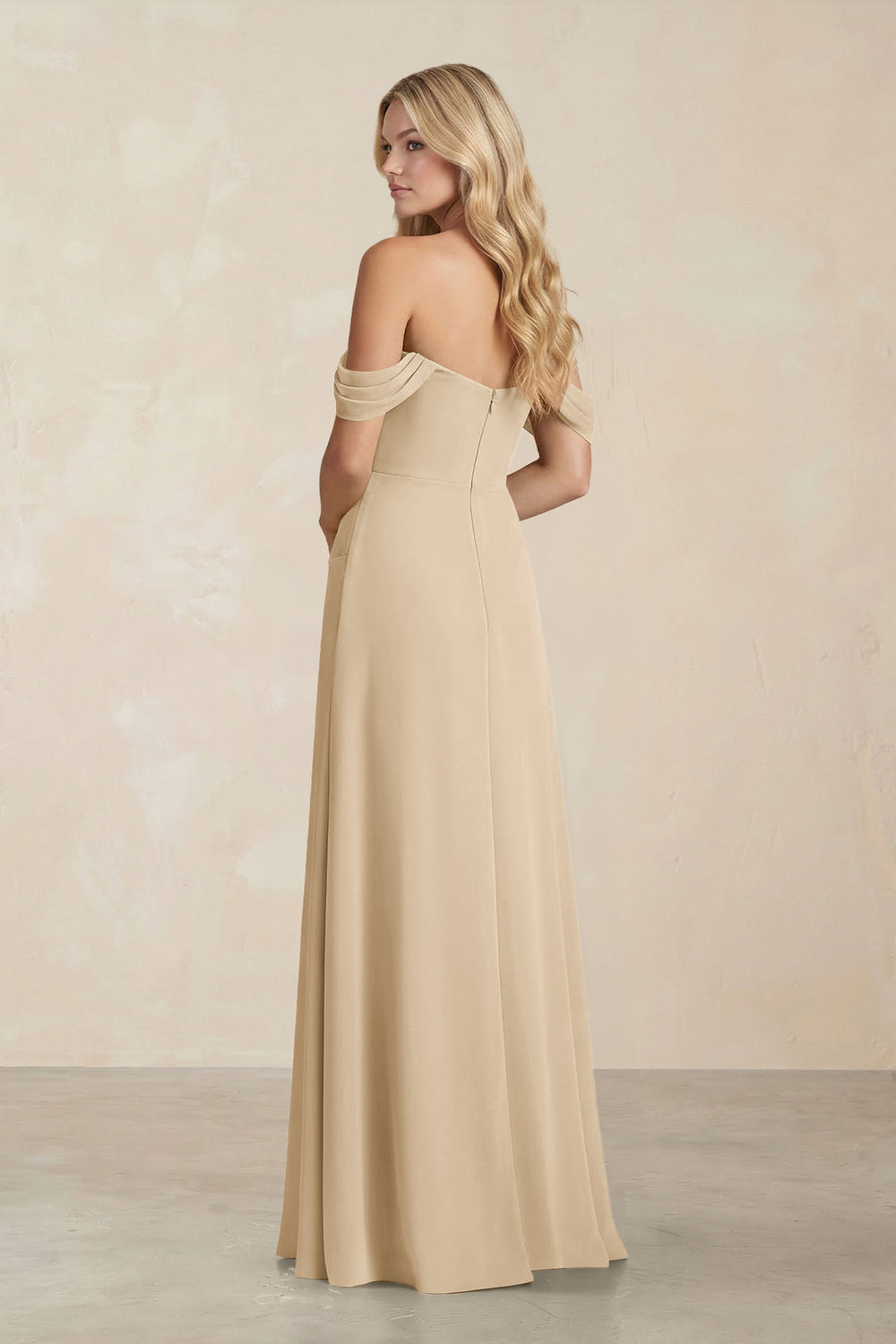 Off-the-Shoulder Corset Sheath Chiffon Bridesmaid Dress in Champagne