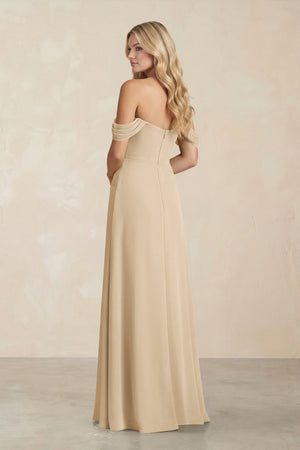 Off-the-Shoulder Corset Sheath Chiffon Bridesmaid Dress in Champagne (2) | KISSBRIDAL