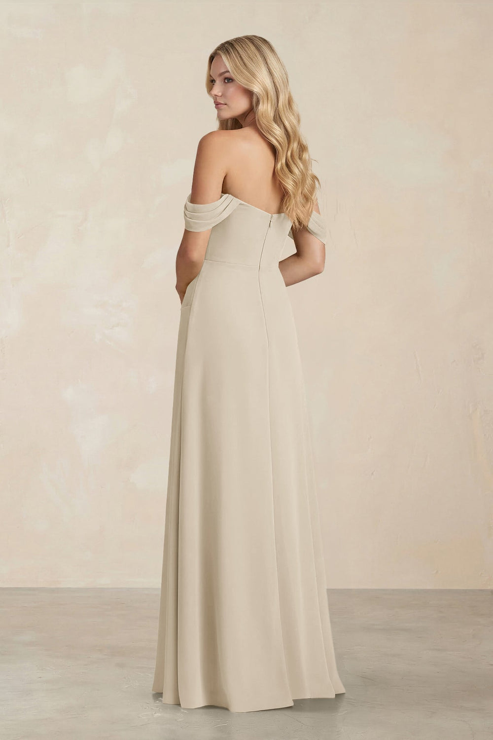 Off - the - Shoulder Corset Sheath Chiffon Bridesmaid Dress in Champagne - KISS BRIDAL Bridesmaid Dresses