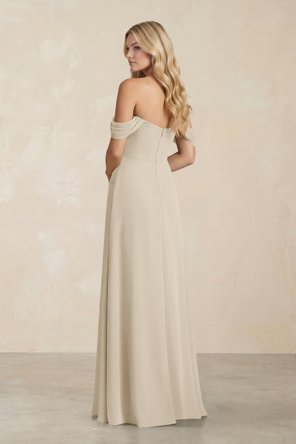 Off - the - Shoulder Corset Sheath Chiffon Bridesmaid Dress in Champagne - SHE IS ME Bridesmaid Dresses