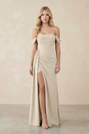 Off - the - Shoulder Corset Sheath Chiffon Bridesmaid Dress in Champagne - SHE IS ME Bridesmaid Dresses