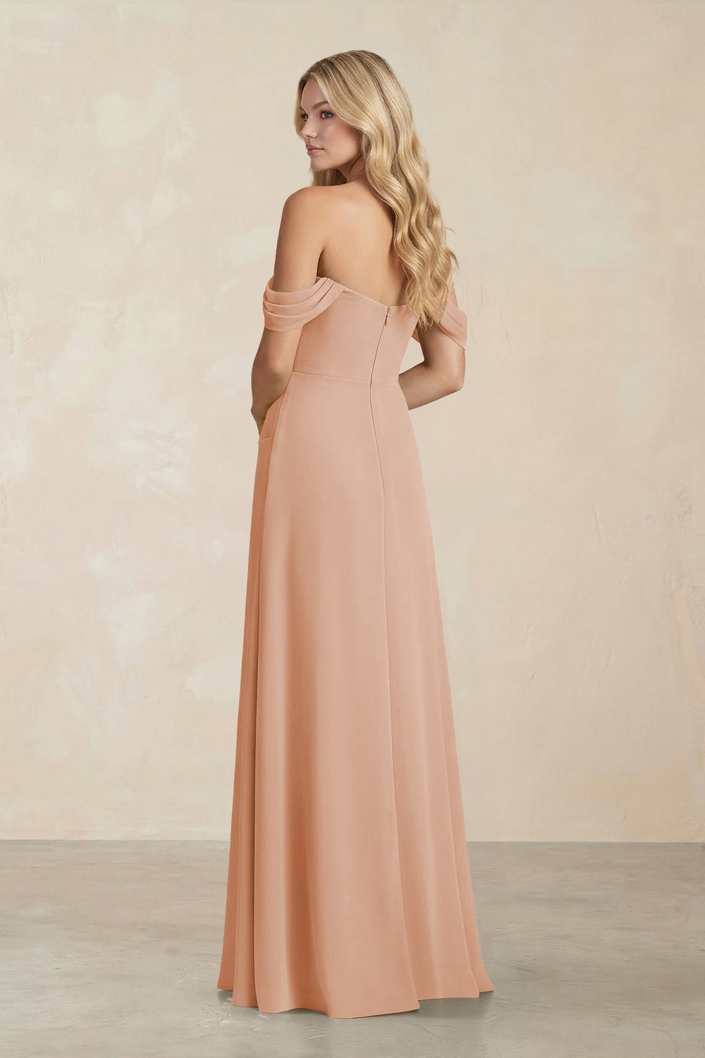 Off - the - Shoulder Corset Sheath Chiffon Bridesmaid Dress in Champagne Rose - KISS BRIDAL Bridesmaid Dresses
