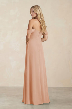 Off - the - Shoulder Corset Sheath Chiffon Bridesmaid Dress in Champagne Rose - SHE IS ME Bridesmaid Dresses